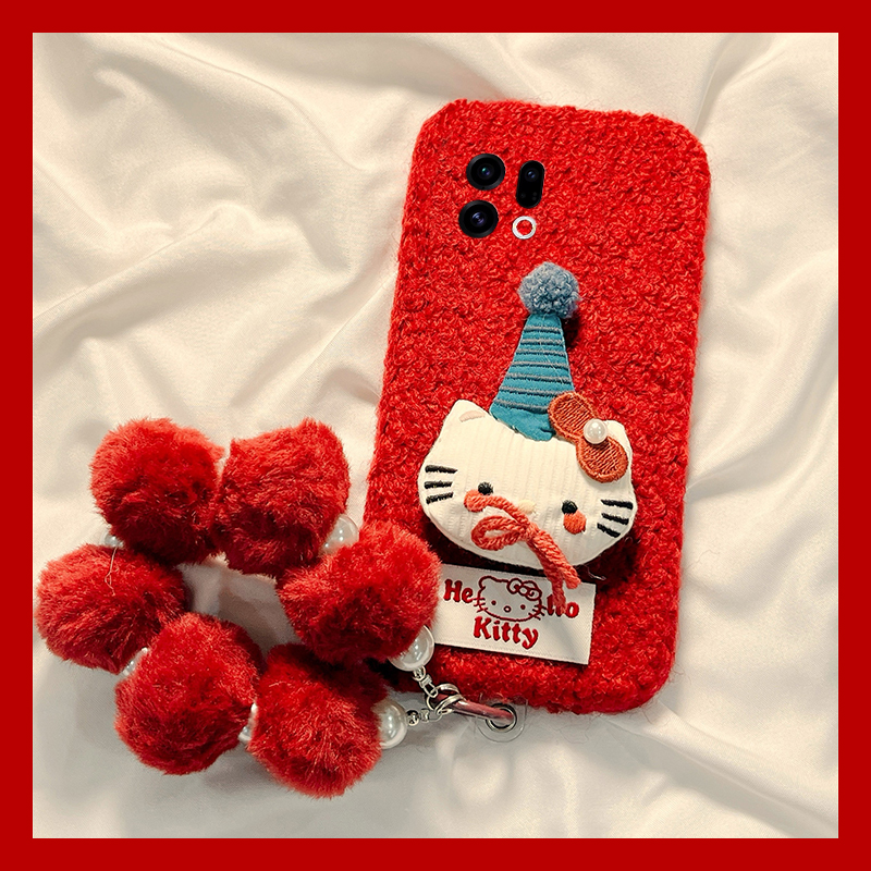 圣诞帽子kt猫适用oppofindx9plus手机壳fondx8毛球x50pro挂链k12x秋冬季x7毛绒x6por/ultra/x5/x3/realme卡通