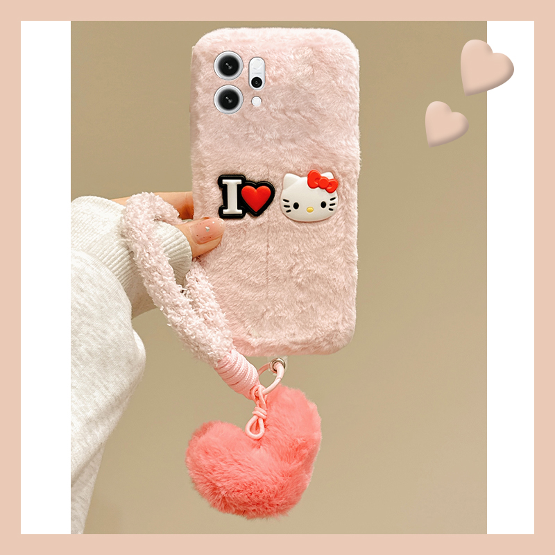 粉色刺绣爱心kt猫适用opporeno14手机壳reon13挂件12pro挂绳11秋冬季10por+十9毛绒7se毛茸茸5k卡通4se软oppo