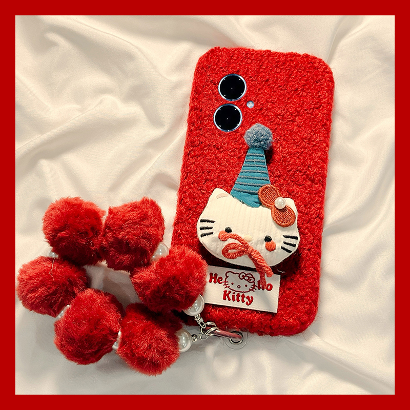 圣诞帽子kt猫适用vivoy500pro手机壳y300i毛球y200gt挂链y100t秋冬y50m毛绒y77e卡通y97红色y93s/y53/t35/y33