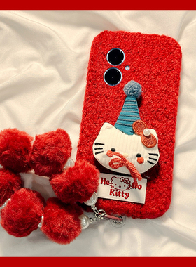 圣诞帽子kt猫适用vivoy500pro手机壳y300i毛球y200gt挂链y100t秋冬y50m毛绒y77e卡通y97红色y93s/y53/t35/y33