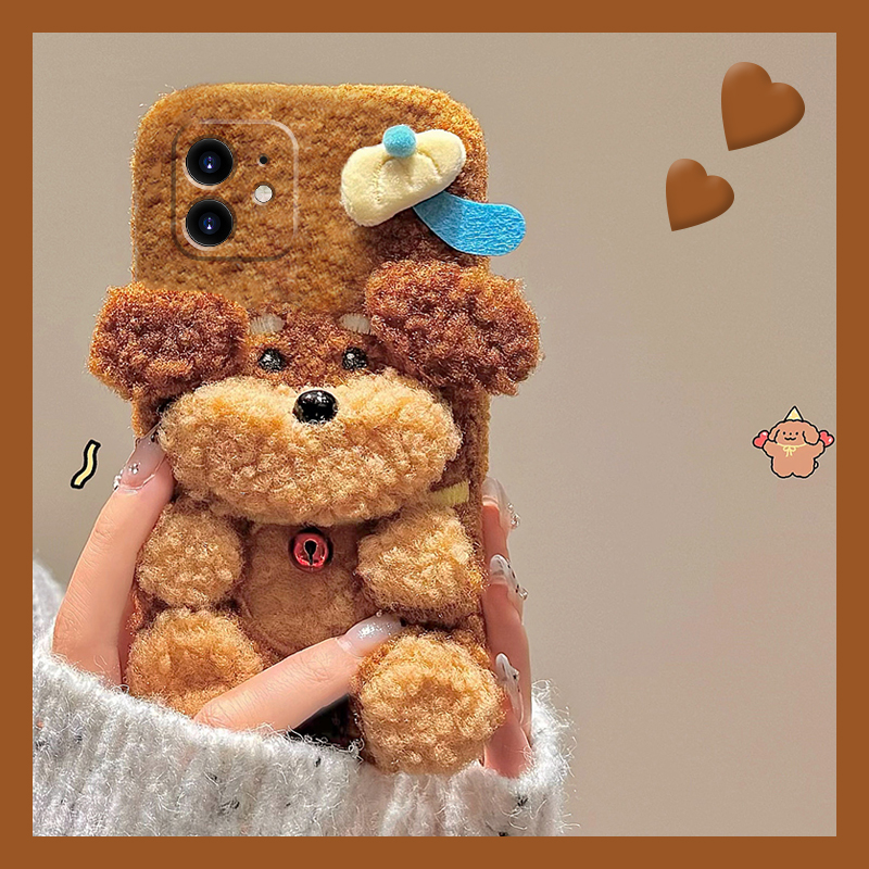 棕色小熊适用oppofindx8手机壳真我x50pro立体k12x可爱x7卡通realme秋冬findx6pro毛绒绒ultra硅胶x5/x3/k10