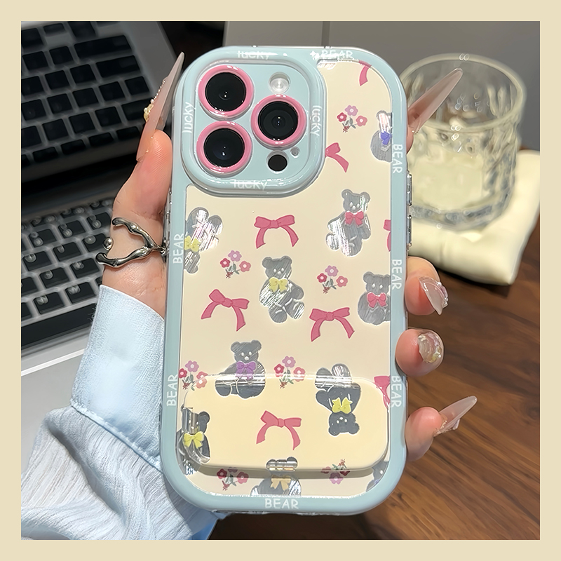 蝴蝶结小熊适用opporeno14手机壳reon13碎花12pro+立体11镜子10支架9卡通8硅胶7se十6可爱5k/4/3元气版0ppo软