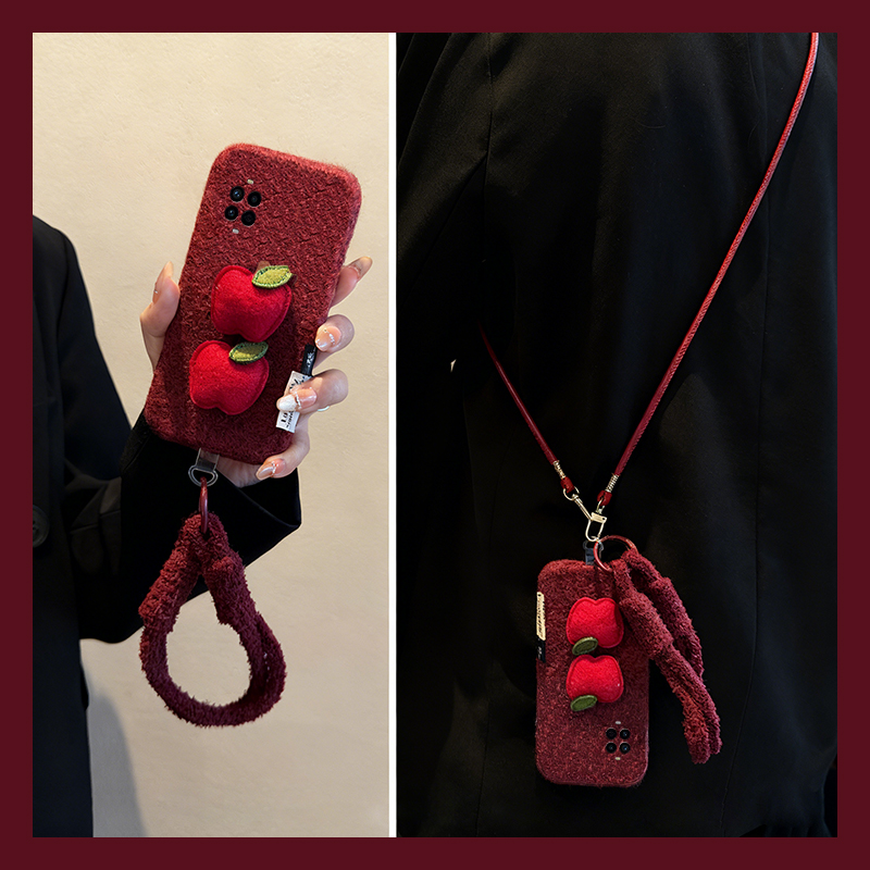 ins风红色苹果适用华为nova14手机壳novo13pro斜挎12ultra可背带11秋冬10z毛绒9se挂绳8立体7i/6/5/4e活力版p