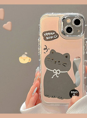 可爱卡通猫咪适用苹果iphone15promax手机壳14plus镜面13mini镜子12pm少女心11por小众8xsmax7硅胶x6xr/se2/3