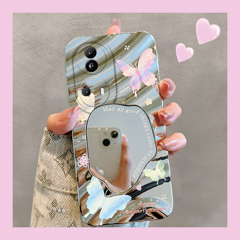 电镀粉色蝴蝶适用opporeno11pro手机壳reno10水波纹reon9por镜面8超仙7日韩6硅胶5k软壳4se镜子oppo补妆镜女p