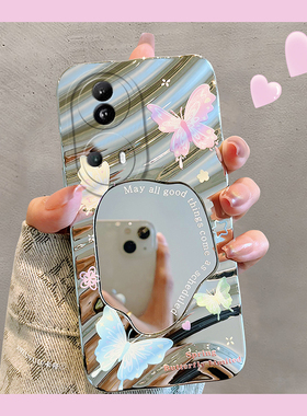 电镀粉色蝴蝶适用opporeno11pro手机壳reno10水波纹reon9por镜面8超仙7日韩6硅胶5k软壳4se镜子oppo补妆镜女p