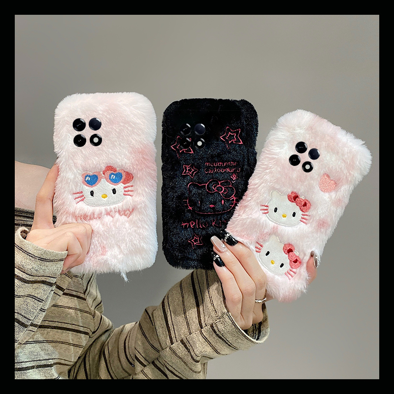 刺绣可爱kt猫适用小米红米k80手机壳k70pro卡通k60e至尊版k50凯蒂猫turbo4秋冬季3毛绒绒k40s软k30s/k30i/12x