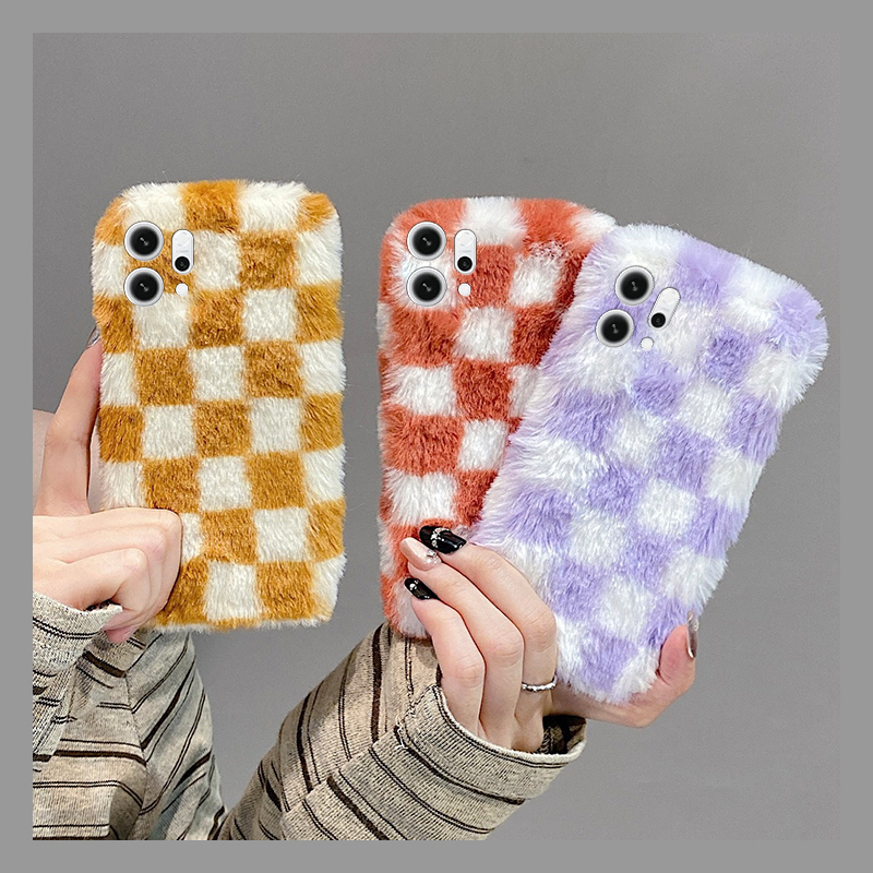 ins风撞色棋盘格适用opporeno14手机壳reon13格子12pro保暖11秋冬季10por+十9简约7se毛绒6毛茸茸5k/4se/oppo