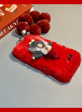 红色圣诞老人适用三星zflip7fe手机壳zfold6毛球zflip5挂链w23flip秋冬季3折叠屏zfold2毛绒w22/w21/galaxy硬