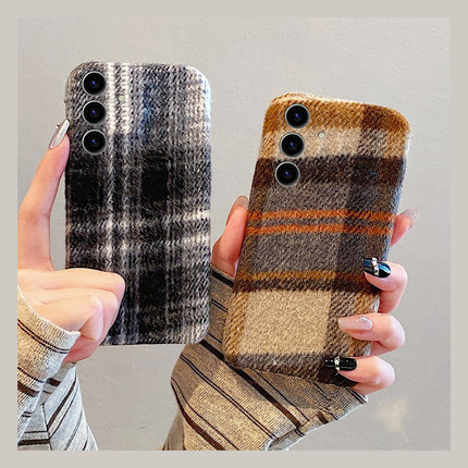 复古条纹线条适用三星s25edge手机壳s24plus撞色s23+十s22毛绒绒s21fe秋冬s20ultra毛茸茸s10软s9/s8/note20