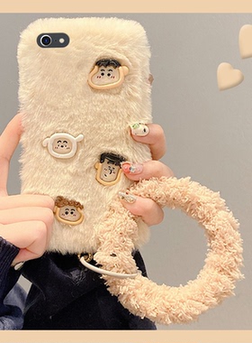毛绒绒蜡笔小新适用苹果iPhonex手机壳8plus毛茸茸xr白色xsmax秋冬7可爱6s带手环5绒毛4卡通se2超萌3七创意八
