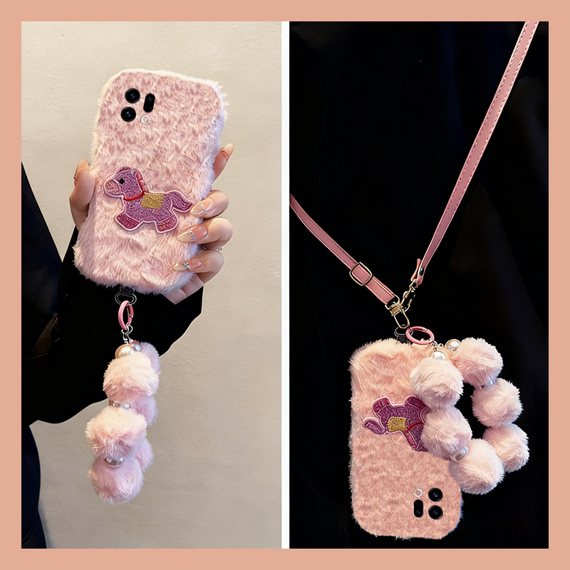可爱刺绣马适用oppofindx9plus手机壳fondx8斜挎x50pro可背带k12x秋冬季x7毛绒x6por/ultra/x5/x3/realme卡通