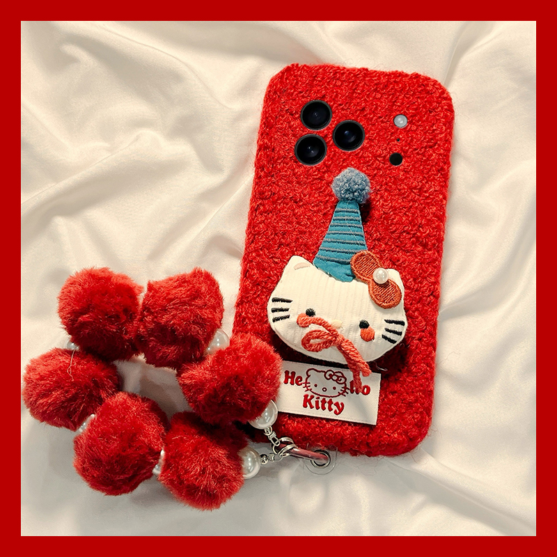 圣诞帽子kt猫适用苹果17air手机壳iphone16promax毛球15plus挂链14秋冬季13mini迷你12毛绒11卡通xr8/7xsmax6