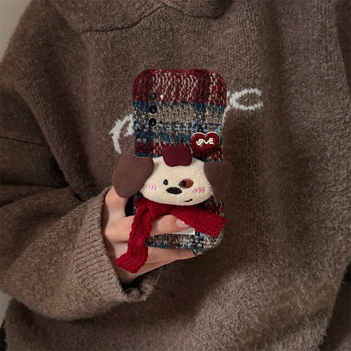 手机壳秋冬绒布拼色撞色条纹卡通