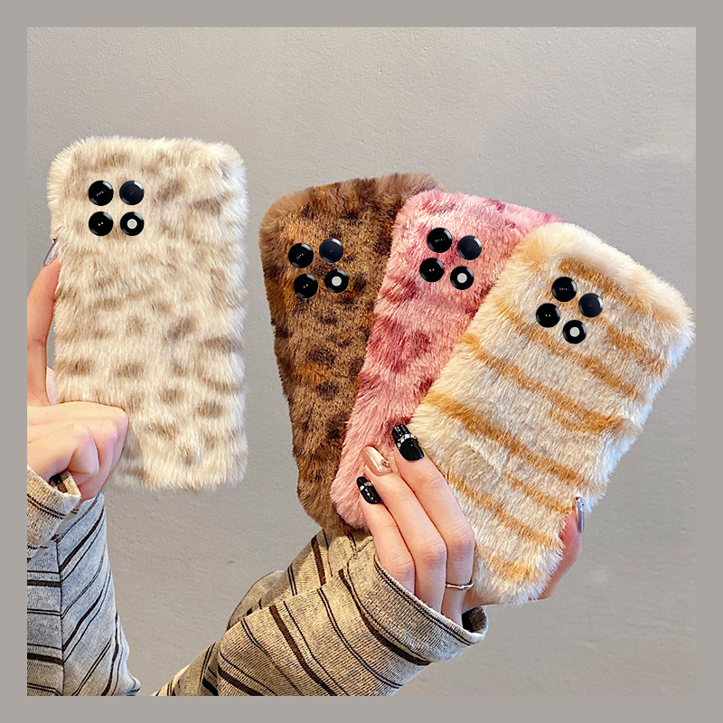 韩系棕色豹纹适用小米红米k80手机壳k70pro撞色k60e至尊版k50毛绒绒turbo4毛茸茸3秋冬季k40s软k30s/k30i/12x