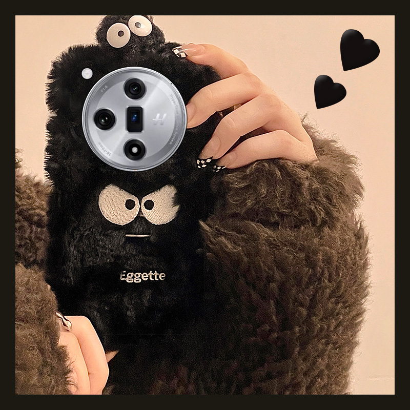 毛茸茸毛绒绒刺绣煤球手机壳