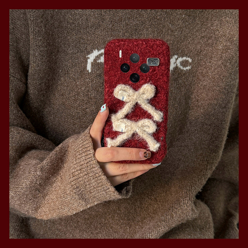 ins风红色蝴蝶结适用vivox300手机壳x200新年x100pro+秋冬季x100ultra立体x90s毛绒t2s软x80s/x70/x60+十vivo