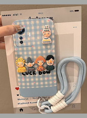 蓝色格子适用vivoy200i手机壳t1立体y77e小人y97gt挂绳y100t可爱y95卡通y93s硅胶y66+y83y81y78y33vivo手提女