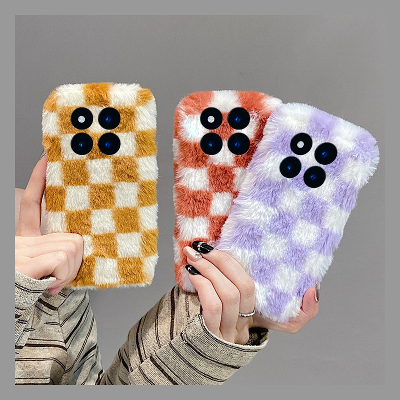 ins风撞色棋盘格适用小米红米note15pro+手机壳noto14格子13毛茸茸12turbo+秋冬季11t简约10毛绒9硅胶8软7por