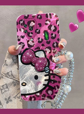 紫色豹纹kt猫适用小米黑鲨5pro手机壳4s立体4pro水钻3por蝴蝶结四挂链五日韩硅胶全包防摔高级感可爱小众手提