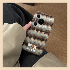 蓝棕条纹kt猫贴纸适用华为pura80pro+手机壳pura70ultra绒布p60art线条40por+十p30秋冬p20毛绒p10plus保暖软