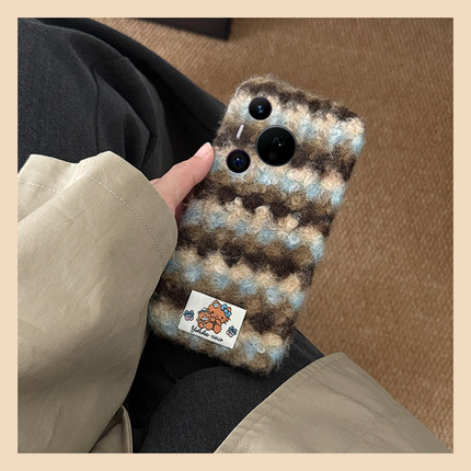 蓝棕条纹kt猫贴纸适用华为pura80pro+手机壳pura70ultra绒布p60art线条40por+十p30秋冬p20毛绒p10plus保暖软