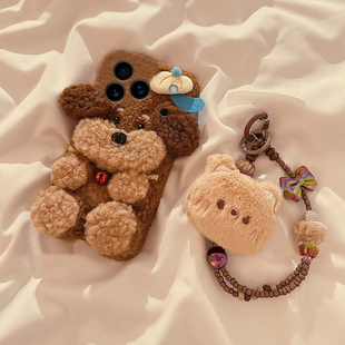 可爱呆萌铃铛小狗适用苹果17promax手机壳华为pura80荣耀400pro小米15挂绳vivos30毛绒opporeno14秋冬季x300