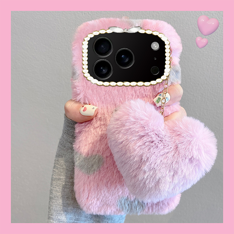 ins风纯色爱心适用苹果17promax手机壳华为pura80荣耀400pro小米15吊坠vivos30毛绒opporeno14秋冬季x200斜挎