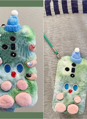 晕染绿色怪兽适用oppofindx8手机壳真我x50pro斜挎k12x毛绒x7秋冬季realme卡通findx6pro毛茸茸ultra/x5/x3软