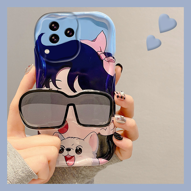 手机壳动漫墨镜猫咪少女可爱趣味带支架