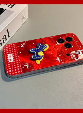 2026棋盘格刺绣小马适用苹果17air手机壳iphone16promax立体15plus红色14新年13mini迷你12软11/xr8/7xsmax6