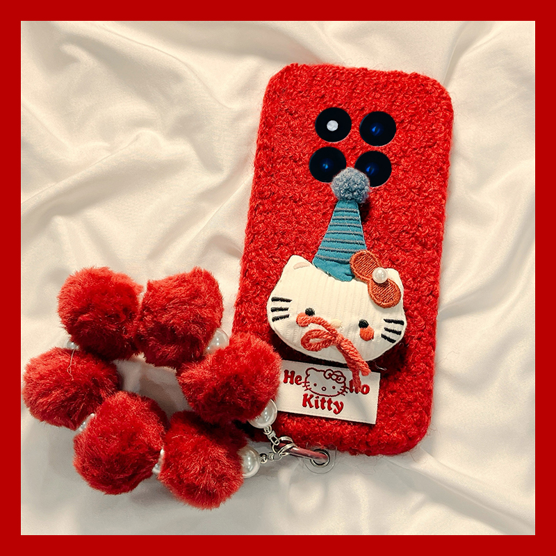 圣诞帽子kt猫适用小米红米note15pro+手机壳noto14毛球13挂链12turbo+秋冬11t毛绒10毛茸茸9卡通8/7por可爱软