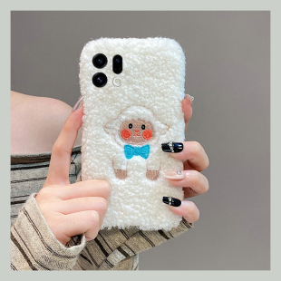 可爱刺绣小绵羊适用oppofindx9plus手机壳fondx8奶茶x50pro毛茸茸k12x秋冬季x7毛绒x6por/ultra/x5/x3/realme