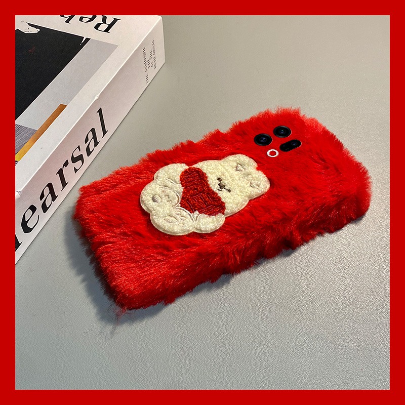 手机壳秋冬毛绒新年红色卡通刺绣