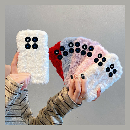 简约红色兔毛适用小米红米note15pro+手机壳noto14纯色13毛绒绒12turbo+保暖11t秋冬季10毛茸茸9硅胶8软7por