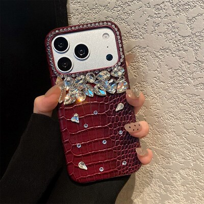 手机壳仿皮皮纹酒红色鳄鱼纹立体