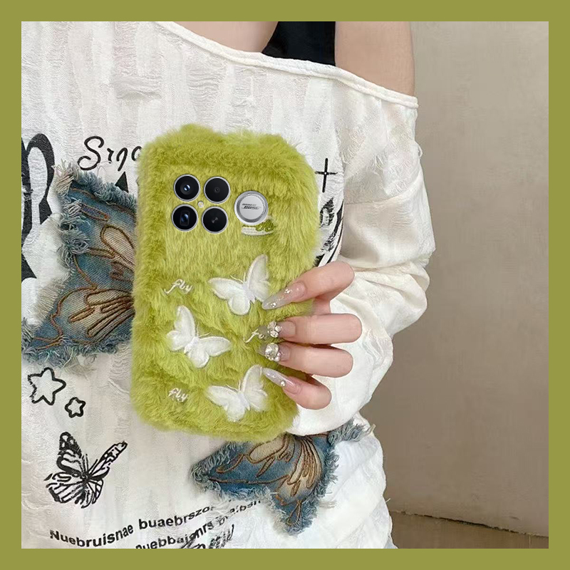 ins风绿色蝴蝶适用小米红米k90promax手机壳k80毛绒k70pro秋冬k60e至尊版k50刺绣turbo4冬天3软k40s/k30i/12x