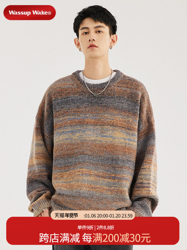 WASSUPWAKE AMERICAN VINTAGE SWEATER MENS AUTUMN AND WINTER NEW GRADIENT STRIPE MENS LOOSE CREW NECK KNIT