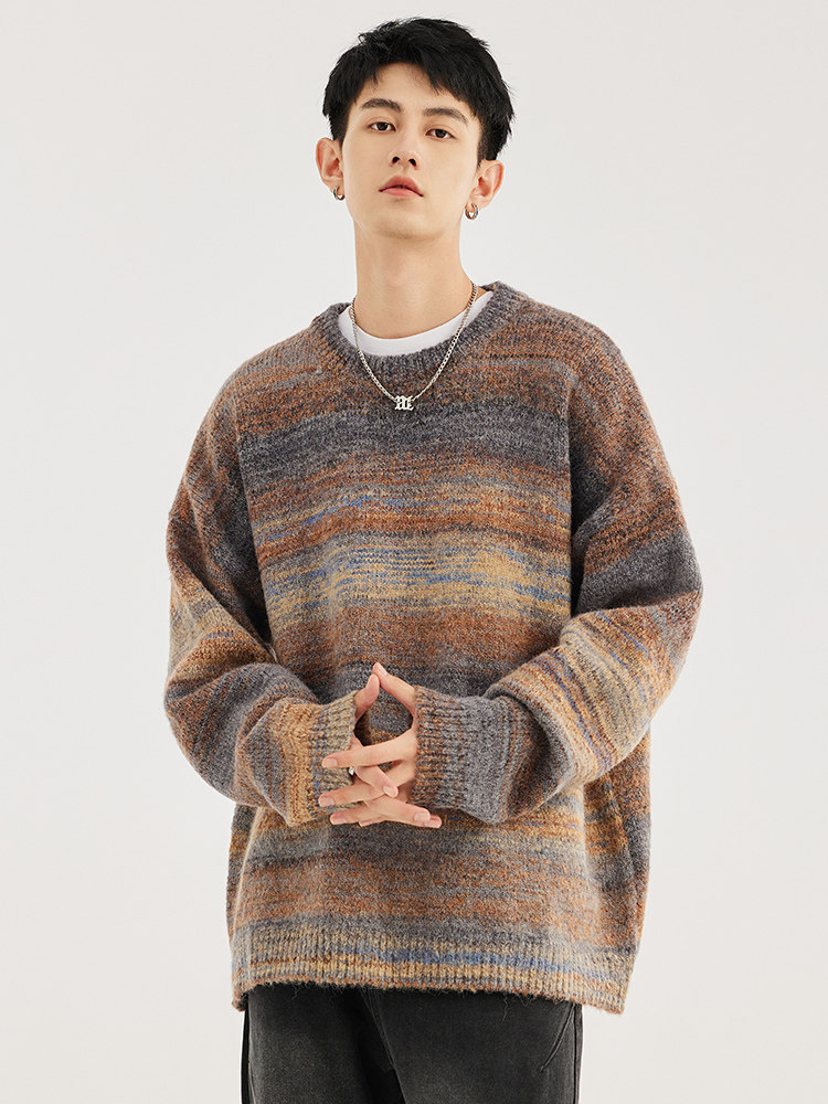 WASSUPWAKE AMERICAN VINTAGE SWEATER MENS AUTUMN AND WINTER NEW GRADIENT STRIPE MENS LOOSE CREW NECK KNIT