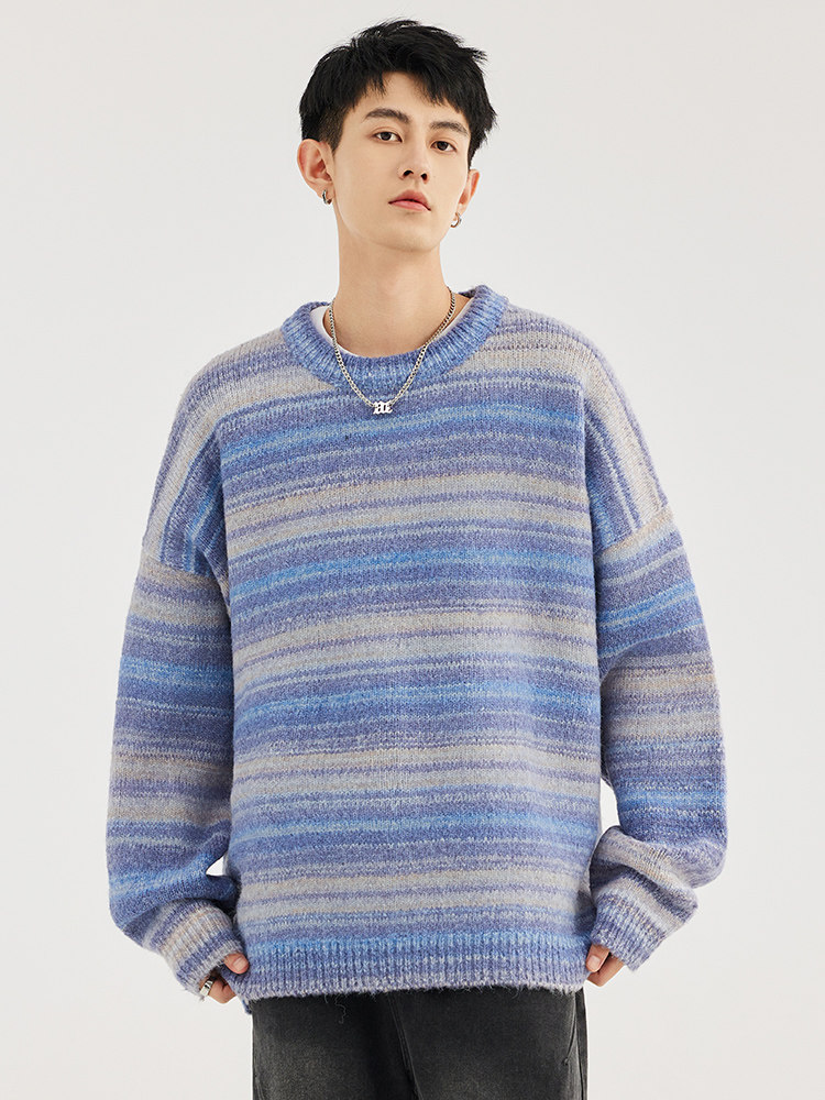 WASSUPWAKE AMERICAN VINTAGE SWEATER MENS AUTUMN AND WINTER NEW GRADIENT STRIPE MENS LOOSE CREW NECK KNIT