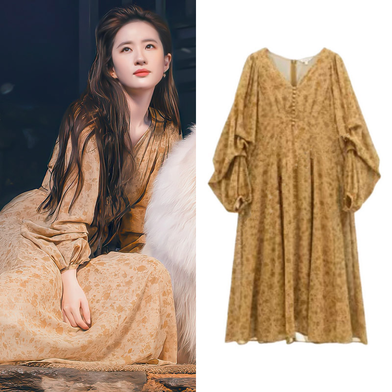 碎花连衣裙v领茶歇裙印花长裙