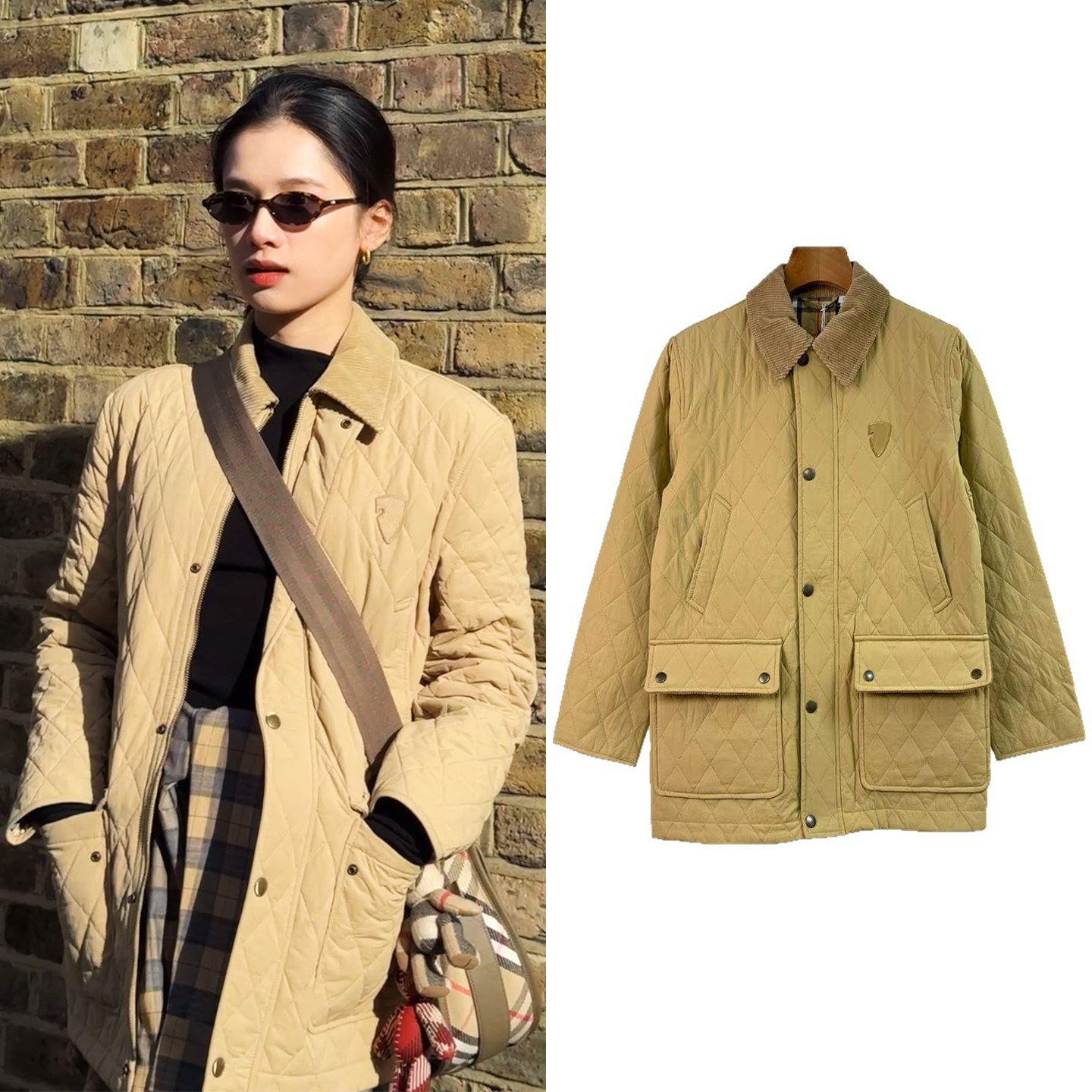 张婧仪同款卡其色菱格棉衣棉服女复古翻领灯芯绒外套夹棉夹克衣冬