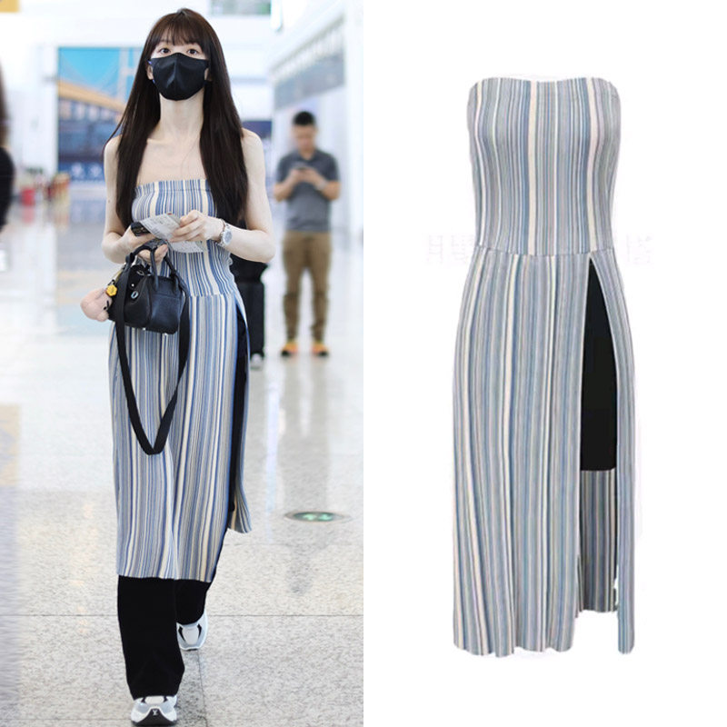 田曦薇明星同款条纹开叉抹胸连衣裙女设计感露肩中长裙气质裹胸裙