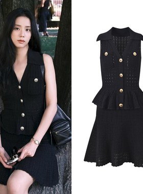 金智秀jisoo同款黑色无袖针织连衣裙女荷叶边a字裙小香风v领短裙