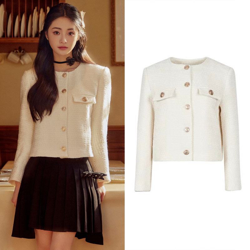 周洁琼明星同款白色小香风外套女法式气质呢子短款圆领粗花呢夹克