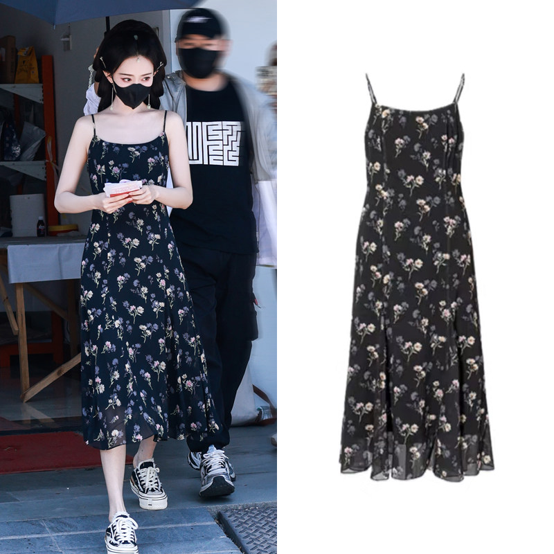 孟子义明星同款黑色碎花吊带连衣裙女气质印花中长裙收腰雪纺裙夏,女装/女士精品,连衣裙,淘宝优惠券,粉丝福利购,淘宝优惠卷