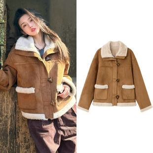 宋祖儿同款驼色翻领皮毛一体外套女麂皮绒夹克衣美拉德仿羊羔毛衫