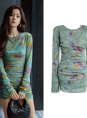 古力娜扎同款绿色网纱连衣裙女设计感修身裙收腰短裙长袖包臀裙子