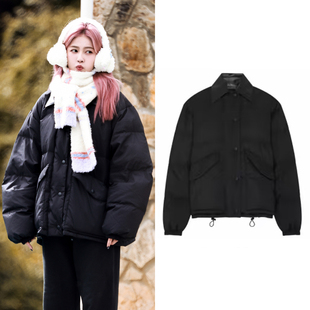 白鹿同款黑色羽绒服女pu皮拼接翻领短外套复古宽松面包服夹克衣冬