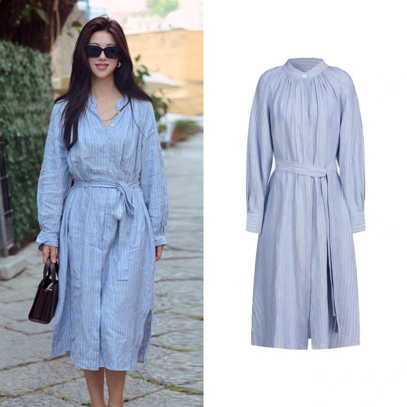 朱珠明星同款蓝色条纹衬衫连衣裙女气质棉麻衬衣裙休闲长袖中长裙